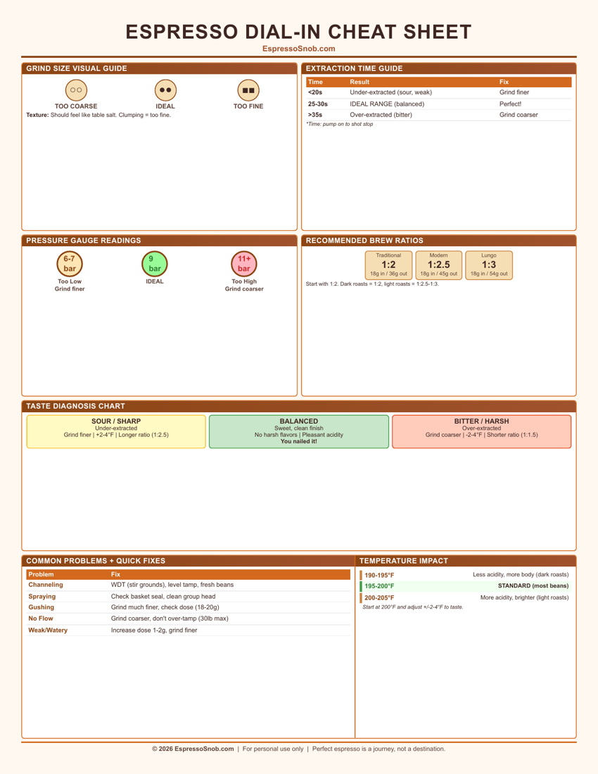 Preview of the Espresso Dial-In Cheat Sheet reference page showing grind size guide, extraction time table, pressure gauge readings, brew ratios, taste diagnosis chart, common problems with fixes, and temperature impact